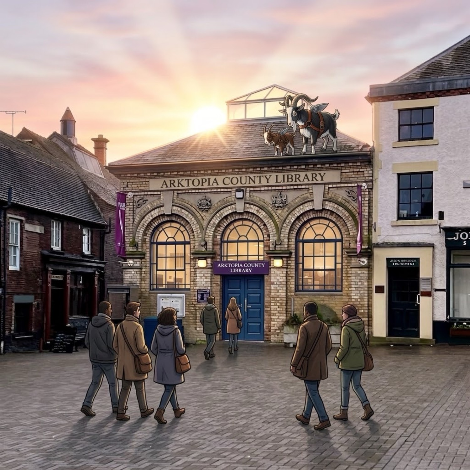 Arktopia County Library at opening: pale brick, three arched bays, blue doors, purple sign, glass lantern on the roof, winged goats on the tiles, squarefolk crossing the cobbles