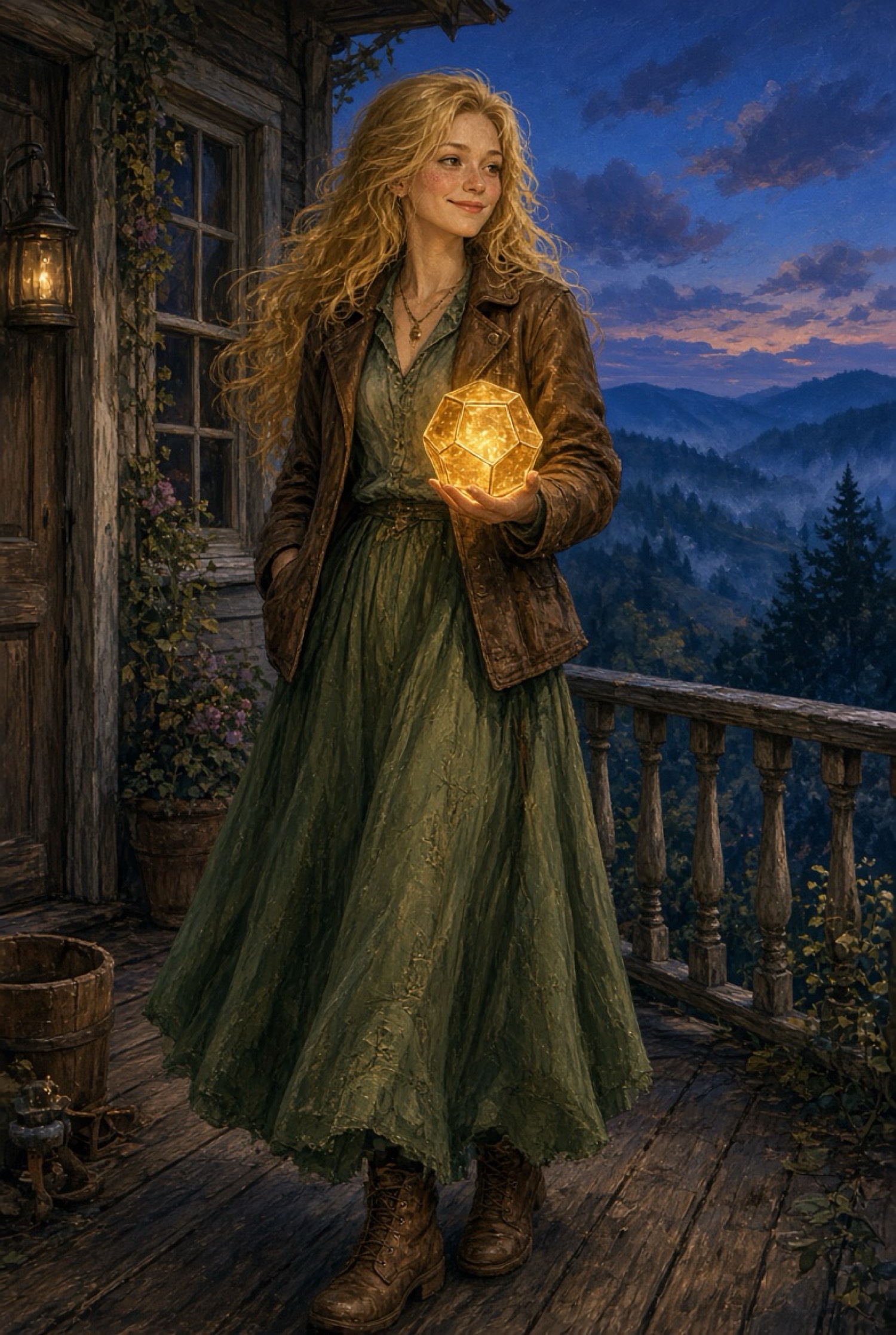 Dolly on a wooden porch at dusk, leather jacket over a long green skirt, holding the glowing golden dodecahedron, Blue Mist on the ridges