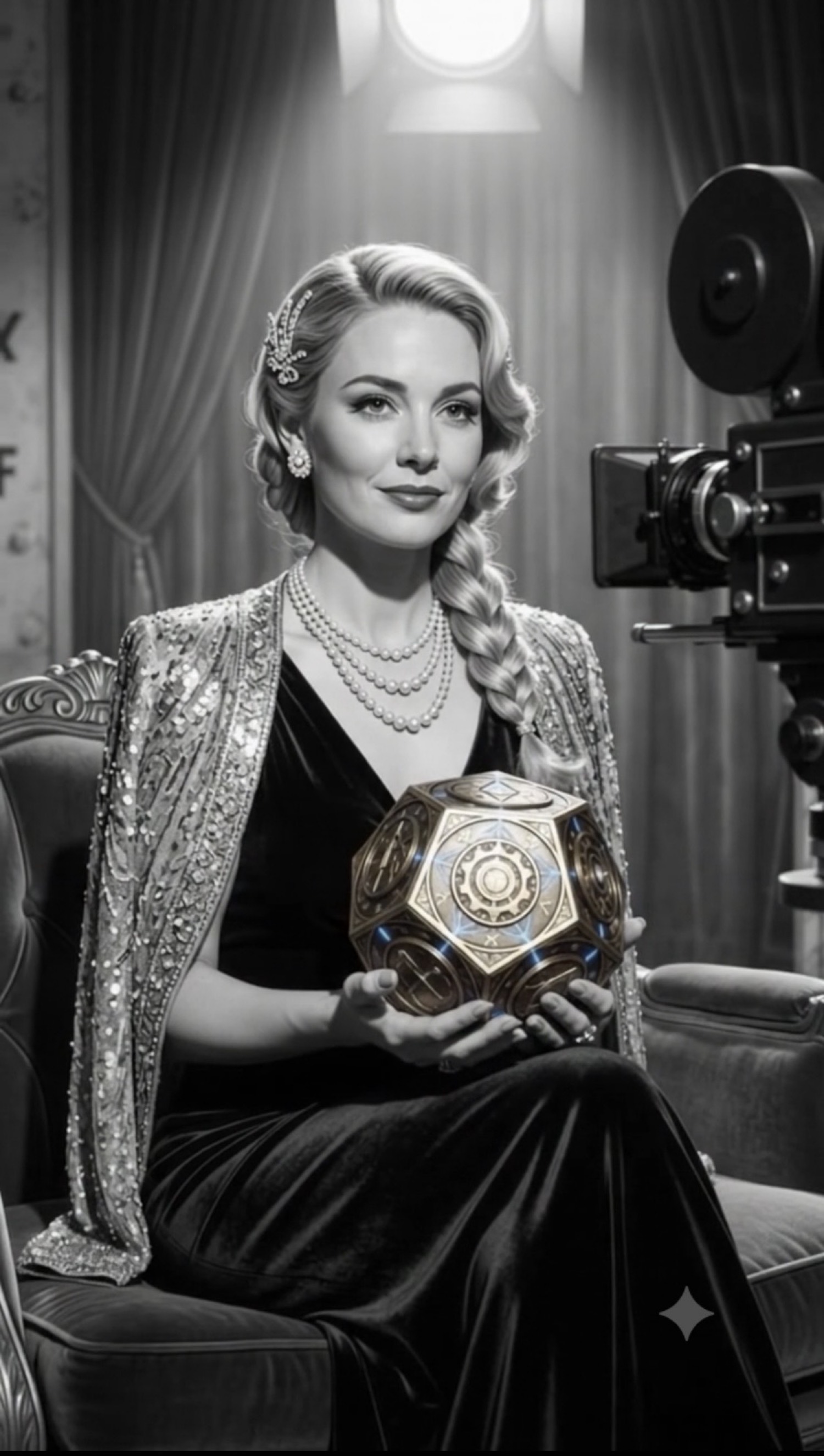 Studio still: Dolly as the Goat Maiden, pearls and a sequined wrap, holding the dodecahedron before a motion-picture camera