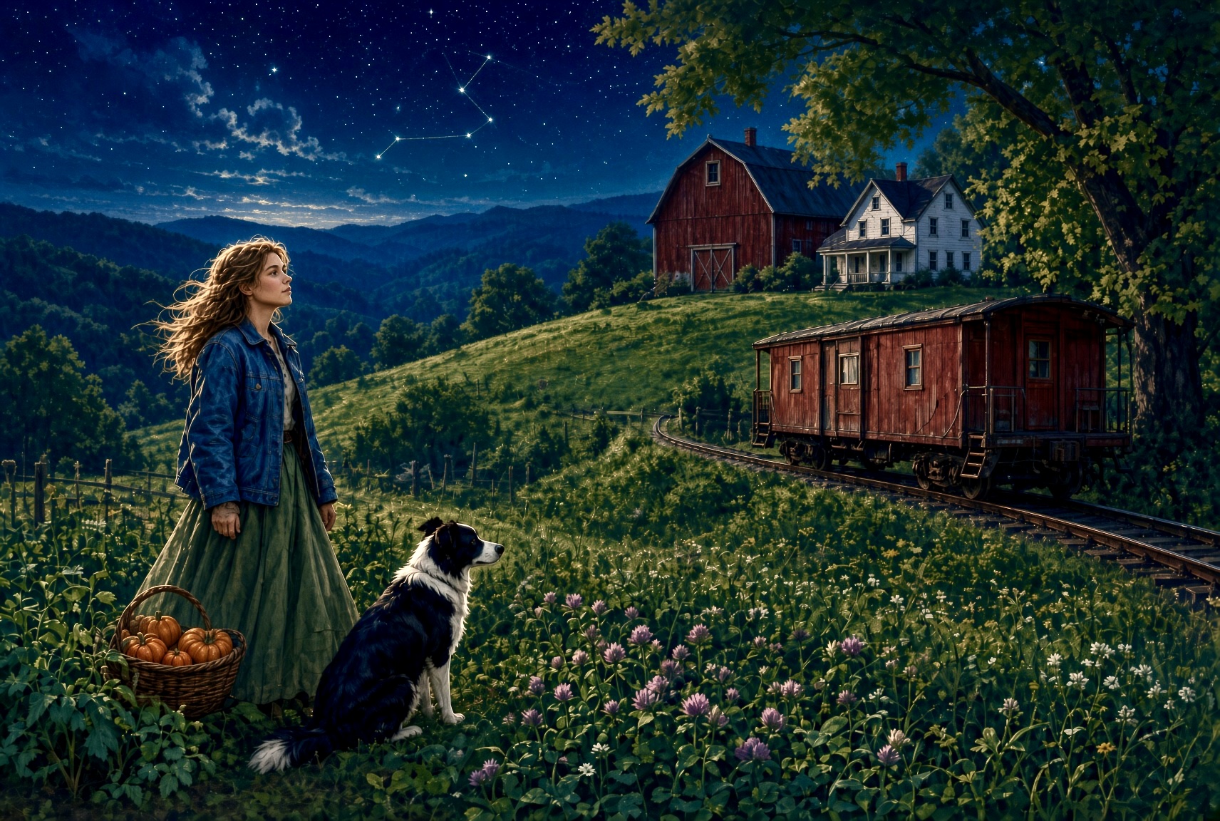 Dolly and Charlotte on the hillside above the red barn, the white farmhouse, and Charlotte's Critter Caboose