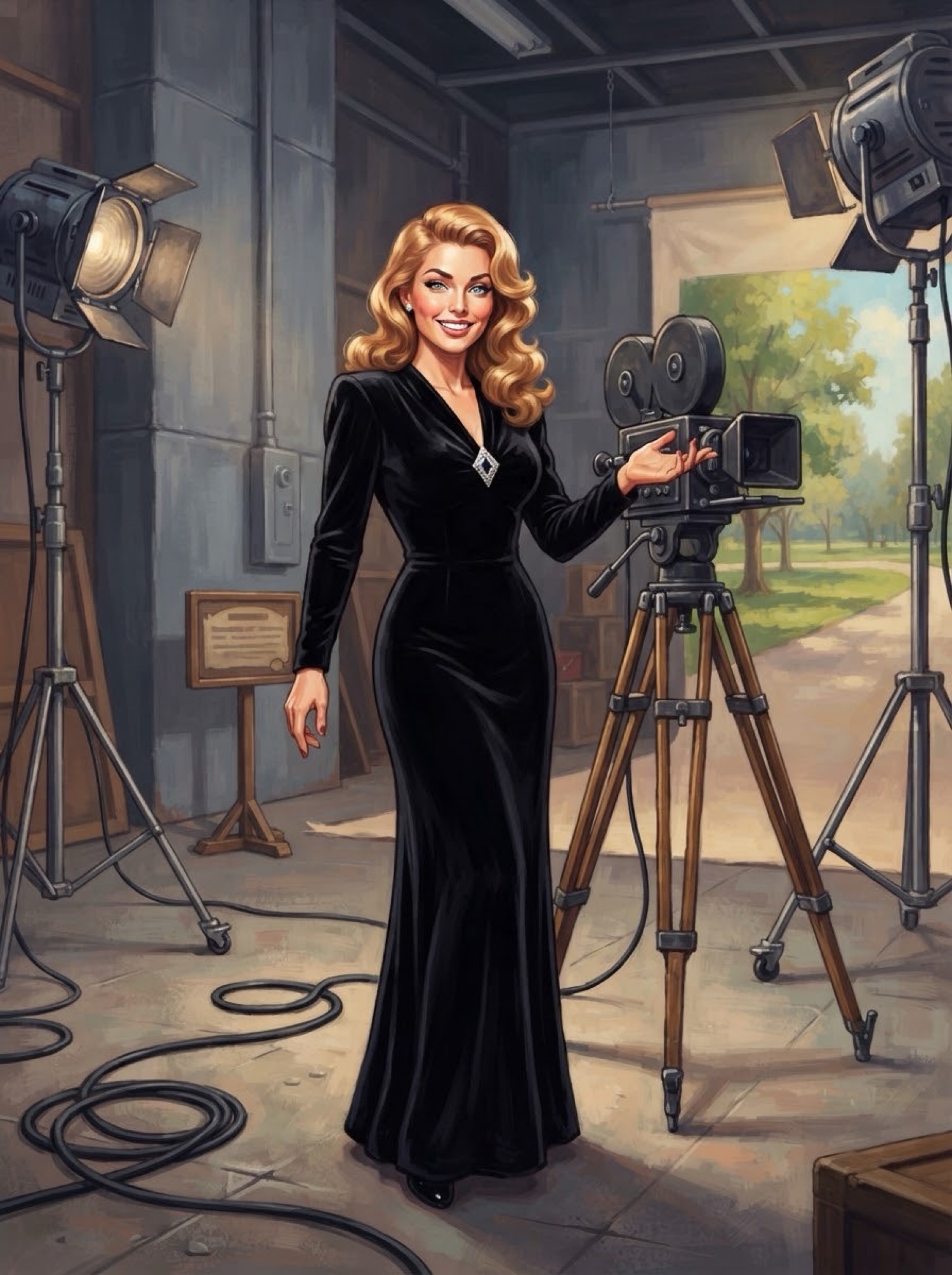 Dolly in black velvet on a rented Gower stage, klieg lights and a camera, the stage door open onto trees