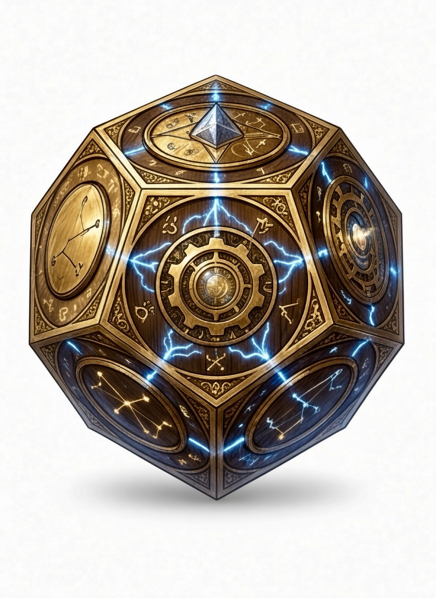 The gift as a dodecahedron: twelve pentagonal wood-and-brass faces, gold filigree, a gear at the heart, constellations, blue lightning along the seams